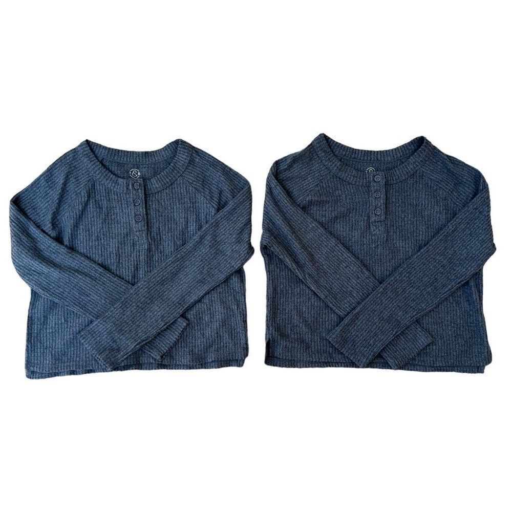 Treasure & Bond Blue Mirage Waffle Knit Cropped Henley Size 7/8 NWOT
